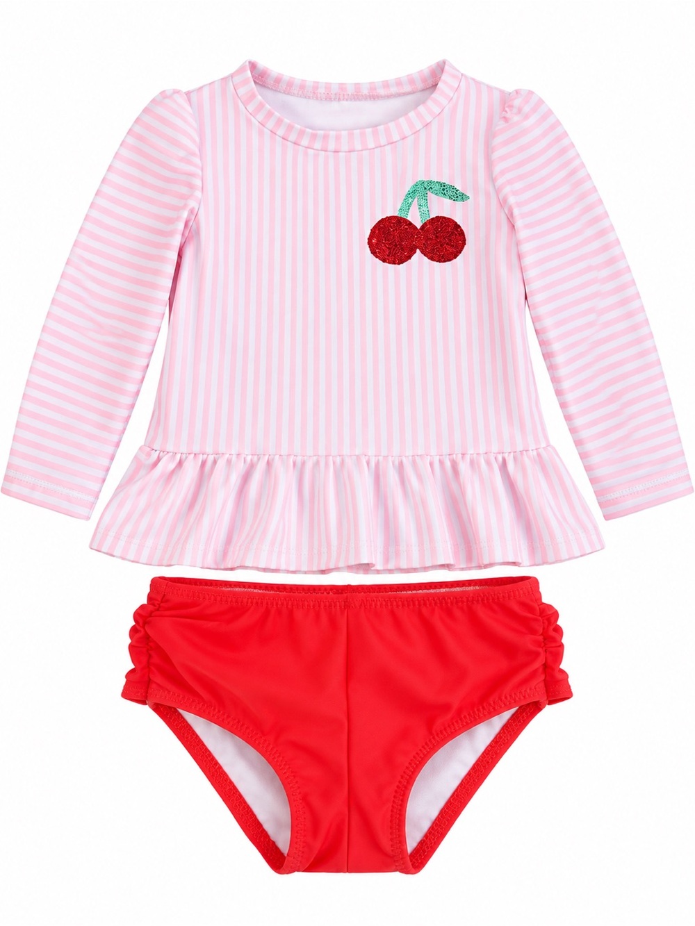 Cat & Jack Pink Stripe Long-Sleeve Rashguard Set with Red Swim Bottoms